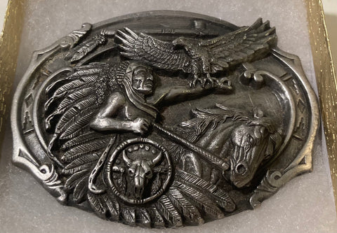 Vintage 1989 Metal Belt Buckle, Chief Eagle Feather, Horse, Bull, Cow, Native, Nice