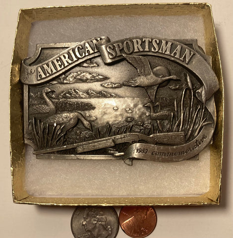 Vintage 1983 Metal Belt Buckle, American Sportsman, Nice Design, 3 1/2" x 2 1/4", Heavy Duty, Quality, Thick Metal, Made in USA, For Belts, Fashion, Shelf Display, Western Wear, Southwest, Country, Fun, Nice