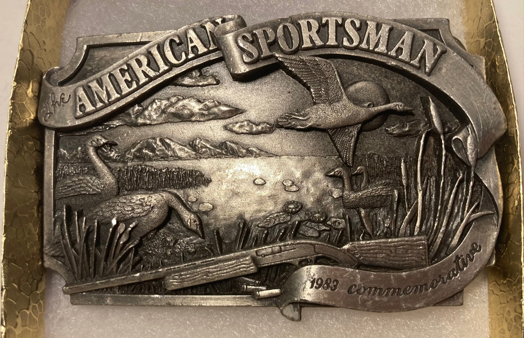 Vintage 1983 Metal Belt Buckle, American Sportsman, Nice Design, 3 1/2" x 2 1/4", Heavy Duty, Quality, Thick Metal, Made in USA, For Belts, Fashion, Shelf Display, Western Wear, Southwest, Country, Fun, Nice