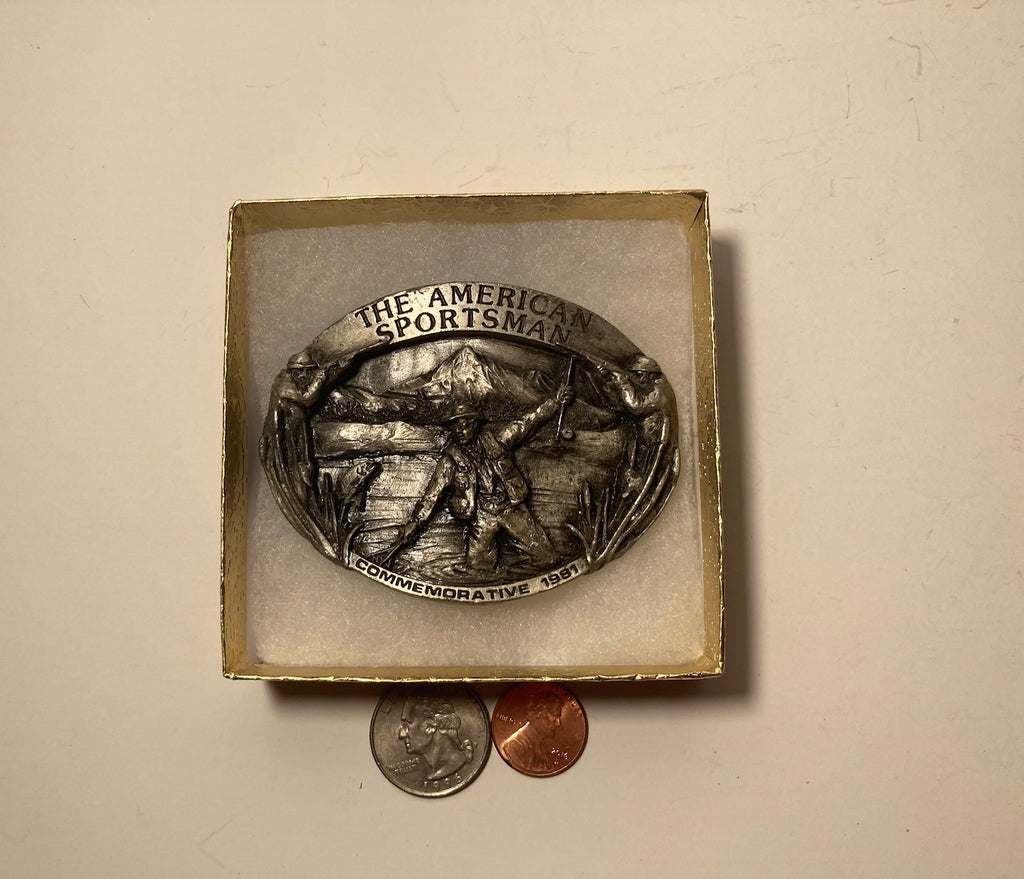 Vintage 1981 Metal Belt Buckle, The American Sportsman, Nice Design, 3 1/4" x 2 1/2", Heavy Duty, Quality, Thick Metal, Made in USA, For Belts, Fashion, Shelf Display, Western Wear, Southwest, Country, Fun, Nice