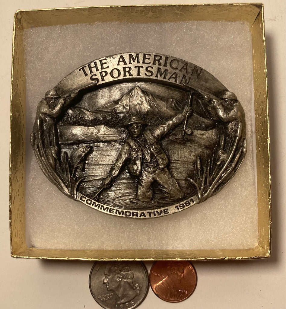 Vintage 1981 Metal Belt Buckle, The American Sportsman, Nice Design, 3 1/4" x 2 1/2", Heavy Duty, Quality, Thick Metal, Made in USA, For Belts, Fashion, Shelf Display, Western Wear, Southwest, Country, Fun, Nice