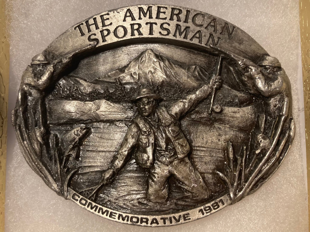 Vintage 1981 Metal Belt Buckle, The American Sportsman, Nice Design, 3 1/4" x 2 1/2", Heavy Duty, Quality, Thick Metal, Made in USA, For Belts, Fashion, Shelf Display, Western Wear, Southwest, Country, Fun, Nice