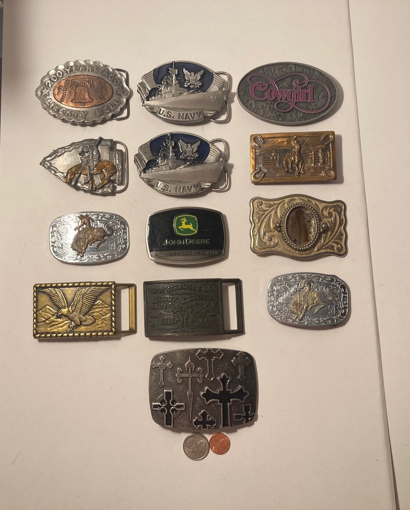 Vintage Lot of 13 Nice Western Style Belt Buckles, John Deere, U.S. Navy,  Cowgirl, Arrowhead, Rodeo, Country & Western, Art, Resell, Made in USA, For Belts, Fashion, Shelf Display, Nice Belt Buckles, Wholesale,