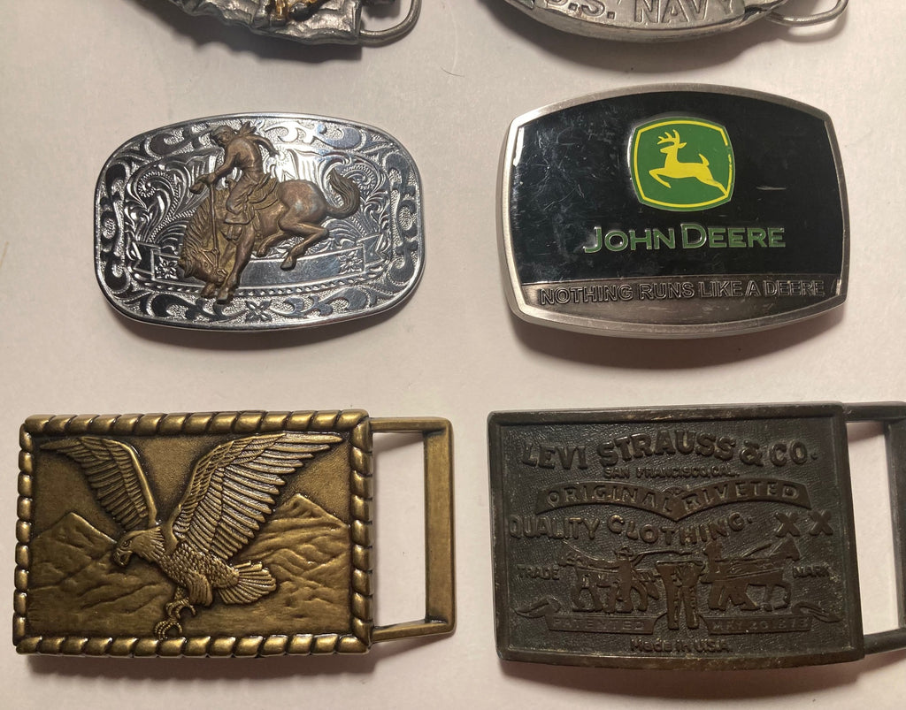 Vintage Lot of 13 Nice Western Style Belt Buckles, John Deere, U.S. Navy,  Cowgirl, Arrowhead, Rodeo, Country & Western, Art, Resell, Made in USA, For Belts, Fashion, Shelf Display, Nice Belt Buckles, Wholesale,