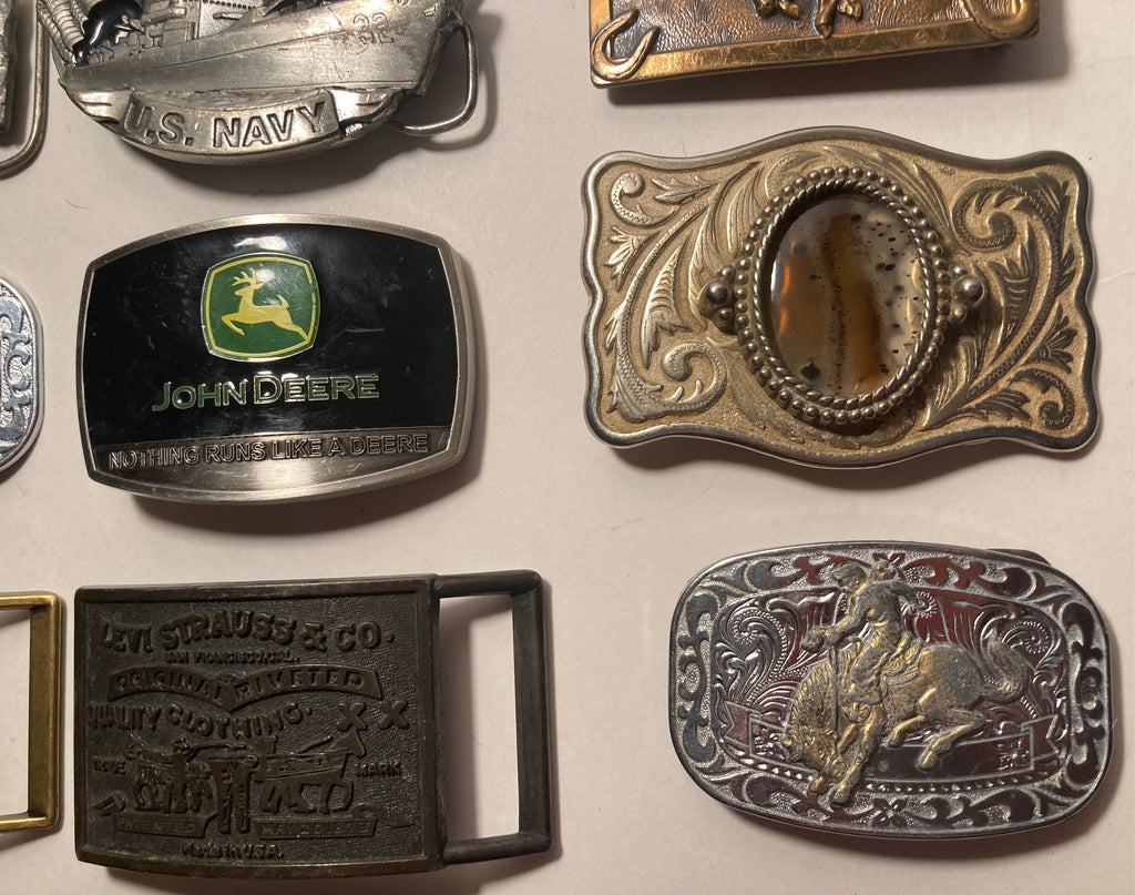 Vintage Lot of 13 Nice Western Style Belt Buckles, John Deere, U.S. Navy,  Cowgirl, Arrowhead, Rodeo, Country & Western, Art, Resell, Made in USA, For Belts, Fashion, Shelf Display, Nice Belt Buckles, Wholesale,