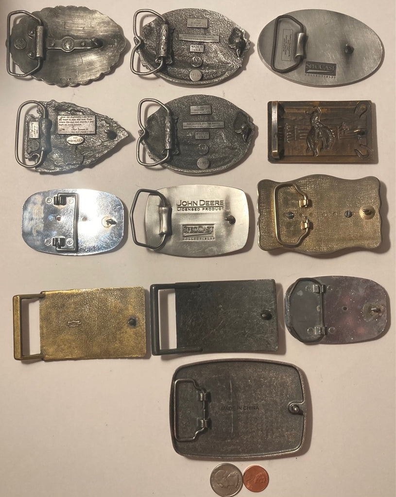 Vintage Lot of 13 Nice Western Style Belt Buckles, John Deere, U.S. Navy,  Cowgirl, Arrowhead, Rodeo, Country & Western, Art, Resell, Made in USA, For Belts, Fashion, Shelf Display, Nice Belt Buckles, Wholesale,