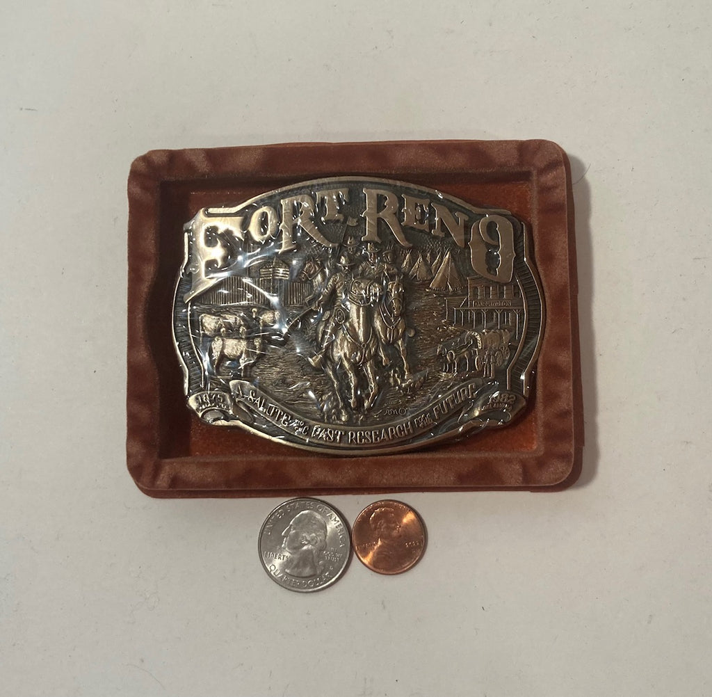 Vintage Metal Belt Buckle, Brass, Fort Reno, Darlington, Nice Design, 3 1/2" x 2 3/4", Heavy Duty, Quality, Thick Metal, Made in USA, For Belts, Fashion, Shelf Display, Western Wear, Southwest, Country, Fun, Nice