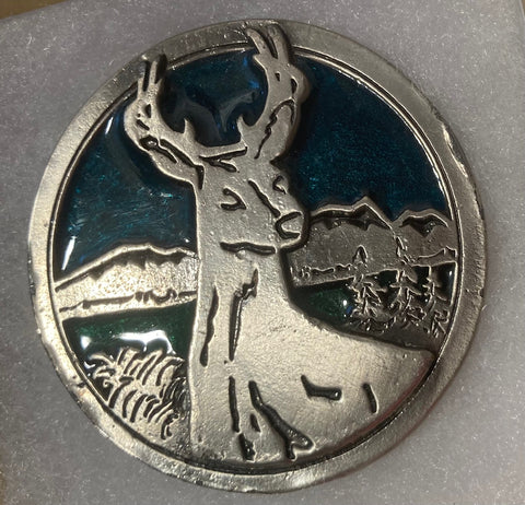 Vintage Metal Belt Buckle, Nice Green Enamel, Buck, Deer, Hunting, Nature, Wildlife, Nice Design, 2 3/4" x 2 3/4", Heavy Duty, Quality, Thick Metal, Made in USA, For Belts, Fashion, Shelf Display, Western Wear, Southwest, Country, Fun,