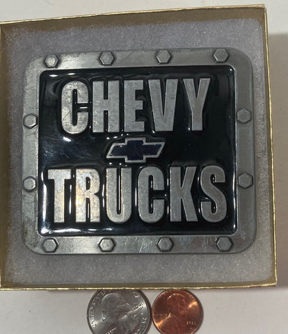 Vintage Metal Belt Buckle, Black Enamel, Chevy Trucks, Nice Design, 3" x 2 3/4", Heavy Duty, Quality, Thick Metal, Made in USA, For Belts, Fashion, Shelf Display, Western Wear, Southwest, Country, Fun, Nice