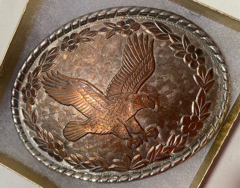 Vintage Metal Belt Buckle, Copper Bald Eagle, Nice Design, 3 3/4" x 2 3/4", Heavy Duty, Quality, Thick Metal, Made in USA, For Belts, Fashion, Shelf Display, Western Wear, Southwest, Country, Fun, Nice