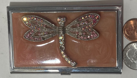 Vintage Metal Business Card Holder, Rhinestone Sparkly Dragonfly, Chrome and Enamel, Quality, 3 3/4" x 2 1/4", Heavy Duty, Quality, Thick Metal, Made in USA, Fashion, Fun, Nice