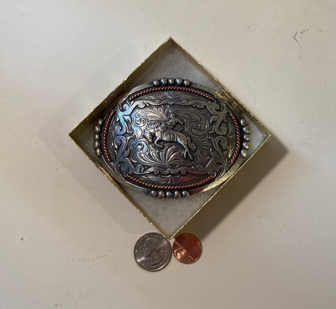 Vintage Metal Belt Buckle, Copper Accents, Bronco Busting, Nice Design, 4" x 3"