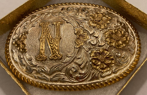 Vintage Metal Belt Buckle, Letter N, Initial N, Crumrine