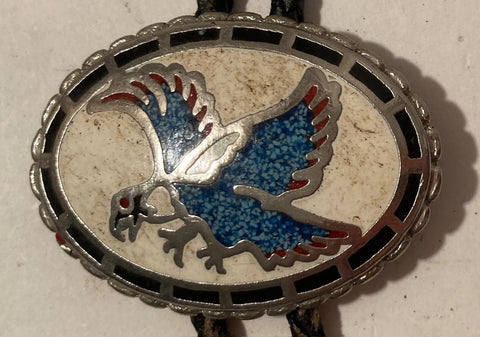 Vintage Metal Bolo Tie, Silver with Nice Blue and Red Crushed Turquoise, Eagle, Native, Nice Design, Quality, 2" x 1 1/2", Heavy Duty, Made in USA, Country & Western, Cowboy, Western Wear, Horse, Apparel, Accessory, Tie, Nice Quality Fashion