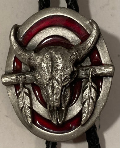 Vintage 1987 Metal Bolo Tie, Nice Bull Cow Skull with Feathers, Native, Nice Western Design, 1 3/4" x 1 1/2", Quality, Heavy Duty, Made in USA, Country & Western, Cowboy, Western Wear, Horse, Apparel, Accessory, Tie, Nice Quality Fashion