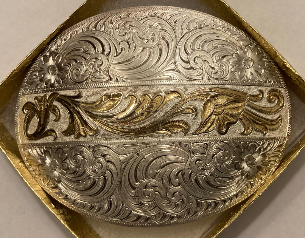 Vintage Metal Belt Buckle, Silver and Brass, Angie and BJ, 2 of Hearts Forever, Montana Silversmiths, Nice Western Design