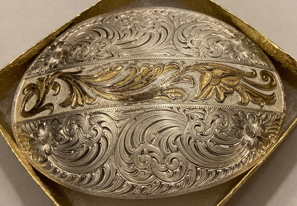 Vintage Metal Belt Buckle, Silver and Brass, Angie and BJ, 2 of Hearts Forever, Montana Silversmiths, Nice Western Design