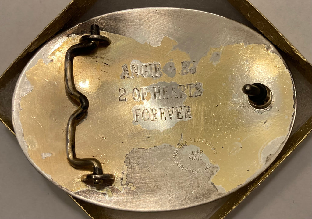 Vintage Metal Belt Buckle, Silver and Brass, Angie and BJ, 2 of Hearts Forever, Montana Silversmiths, Nice Western Design