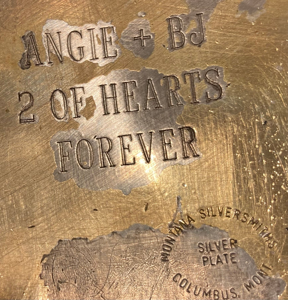 Vintage Metal Belt Buckle, Silver and Brass, Angie and BJ, 2 of Hearts Forever, Montana Silversmiths, Nice Western Design