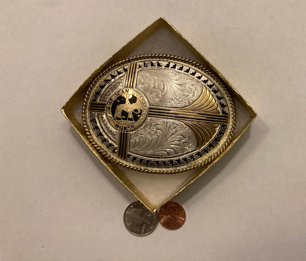 Vintage Metal Belt Buckle, Silver and Brass, American Quarter Horse, Montana Silversmiths, Nice Western Design