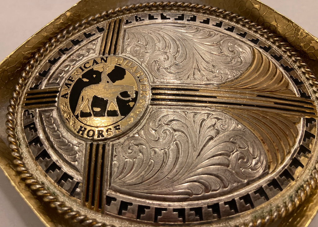 Vintage Metal Belt Buckle, Silver and Brass, American Quarter Horse, Montana Silversmiths, Nice Western Design