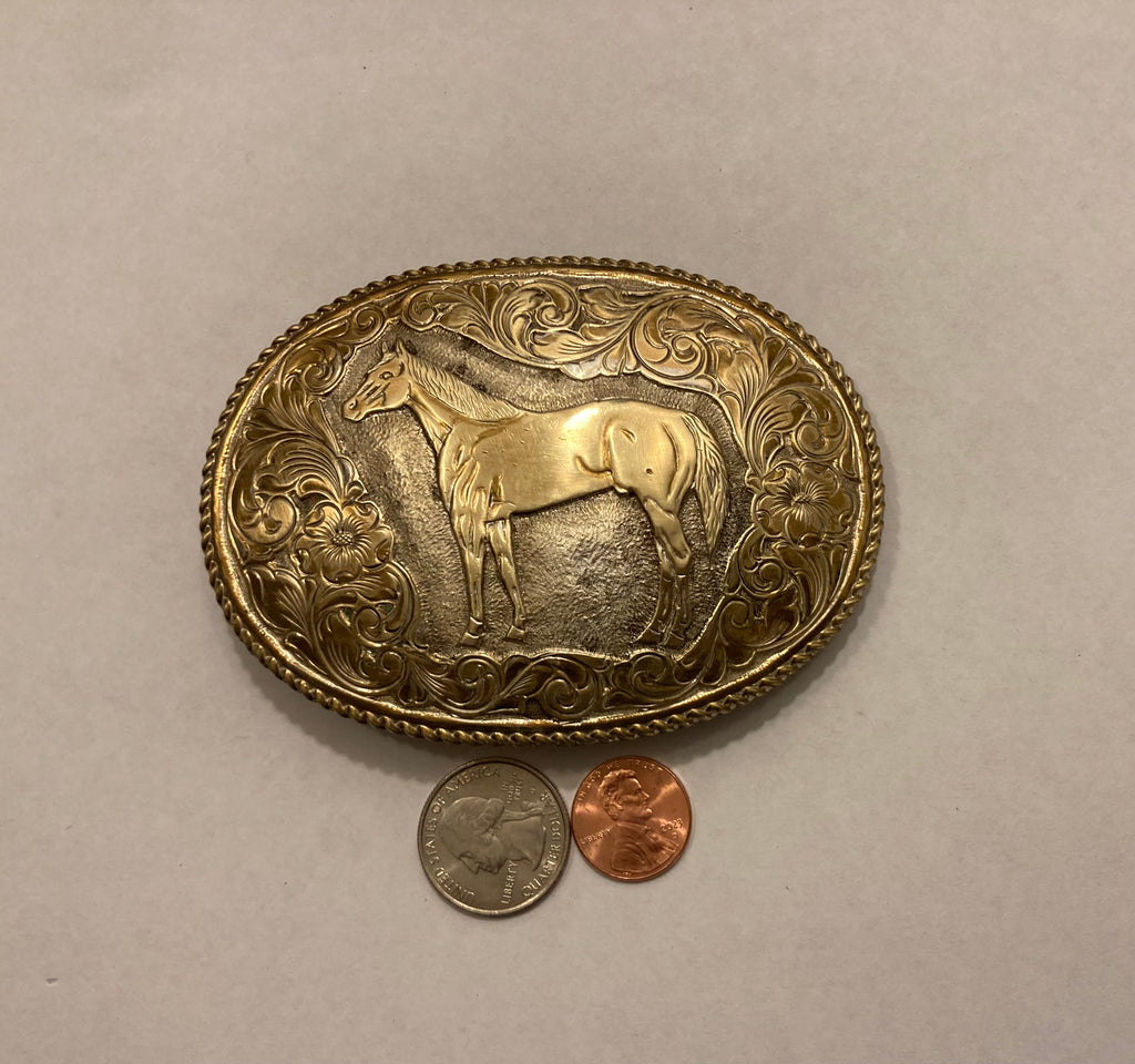 Vintage Metal Belt Buckle, Silver and Brass, Horse, Pony, Nice Western Design, 4 1/4" x 3", Heavy Duty, Quality, Made in USA, Thick Metal, For Belts, Fashion, Shelf Display, Western Wear