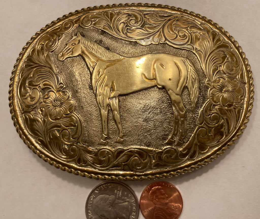 Vintage Metal Belt Buckle, Silver and Brass, Horse, Pony, Nice Western Design, 4 1/4" x 3", Heavy Duty, Quality, Made in USA, Thick Metal, For Belts, Fashion, Shelf Display, Western Wear
