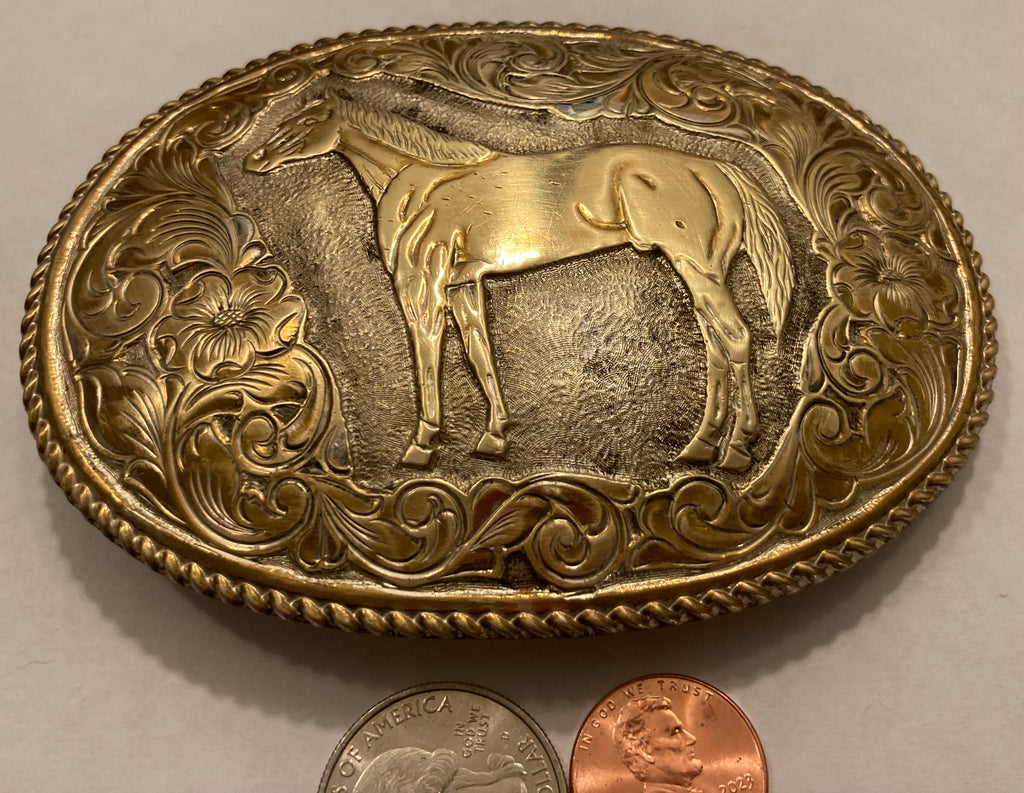 Vintage Metal Belt Buckle, Silver and Brass, Horse, Pony, Nice Western Design, 4 1/4" x 3", Heavy Duty, Quality, Made in USA, Thick Metal, For Belts, Fashion, Shelf Display, Western Wear