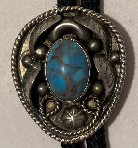 Vintage Metal Bolo Tie, Silver and Blue Turquoise Stone Design, 1 1/2" x 1 1/4", Nice Design, Quality, Heavy Duty, Country & Western, Cowboy, Western Wear, Horse, Apparel, Accessory, Tie, Nice Quality Fashion