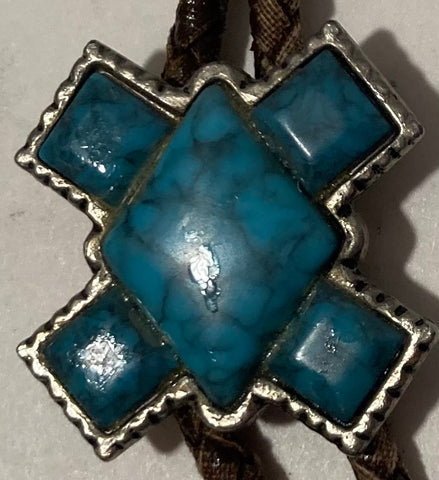 Vintage Metal Bolo Tie, Silver and Blue Turquoise Stone Design, Turtle Look, 1 1/2" x 1 1/2", Nice Design, Quality, Heavy Duty, Country & Western, Cowboy, Western Wear, Horse, Apparel, Accessory, Tie, Nice Quality Fashion