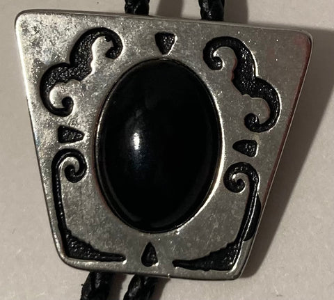 Vintage Metal Bolo Tie, Silver and Black Onyx Stone Design, 1 3/4" x 1 1/2", Nice Design, Quality, Heavy Duty, Country & Western, Made in USA, Cowboy, Western Wear, Horse, Apparel, Accessory, Tie, Nice Quality Fashion