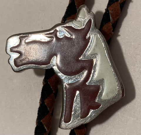 Vintage Metal Bolo Tie, Silver and Brown and White Nice Enamel Horse Design, 1 1/2" x 1 1/4", Nice Design, Quality, Heavy Duty, Country & Western, Made in USA, Cowboy, Western Wear, Horse, Apparel, Accessory, Tie, Nice Quality Fashion,