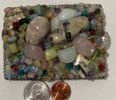 Vintage Metal Belt Buckle, Assorted Gems and Glass Stones, Nice Western Design, 3 1/2" x 2 3/4", Heavy Duty, Quality, Thick Metal, Made in USA, For Belts, Fashion, Shelf Display, Western Wear, Southwest, Country, Fun, Nice,