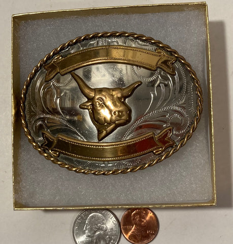 Vintage Metal Belt Buckle, Silver and Brass, Bull, Steer, Cow, Cattle, Nice Western Style Design, 3 1/2" x 2 3/4", Heavy Duty, Quality, Made in USA, For Belts, Fashion, Shelf Display, Western Wear, Southwest, Country, Fun, Nice