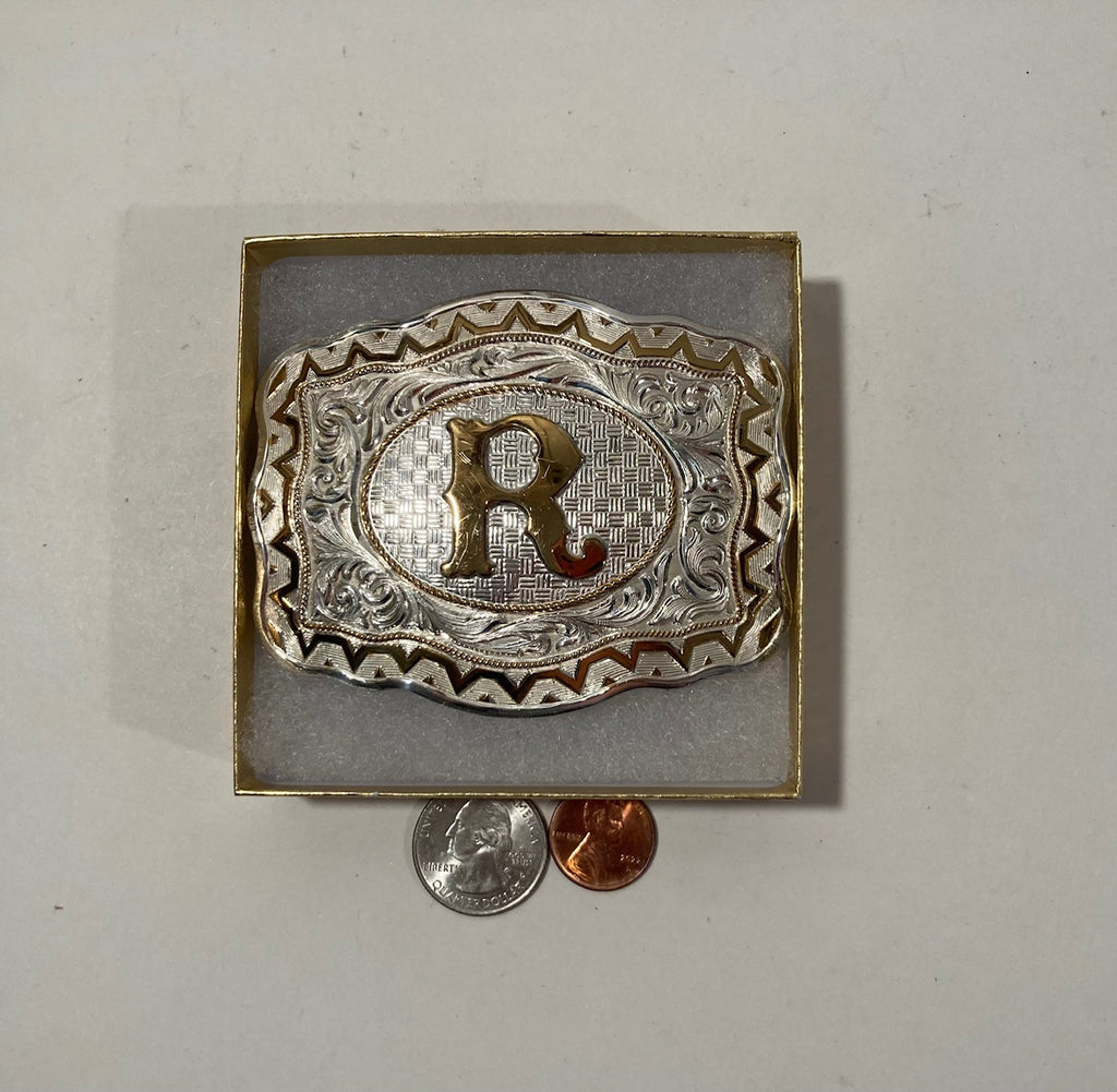 Vintage Metal Belt Buckle, Silver and Brass, Crumrine, Initial R, Letter R, Nice Western Style Design, 3 1/2" x 2 3/4", Heavy Duty, Quality, Made in USA, For Belts, Fashion, Shelf Display, Western Wear, Southwest, Country, Fun, Nice