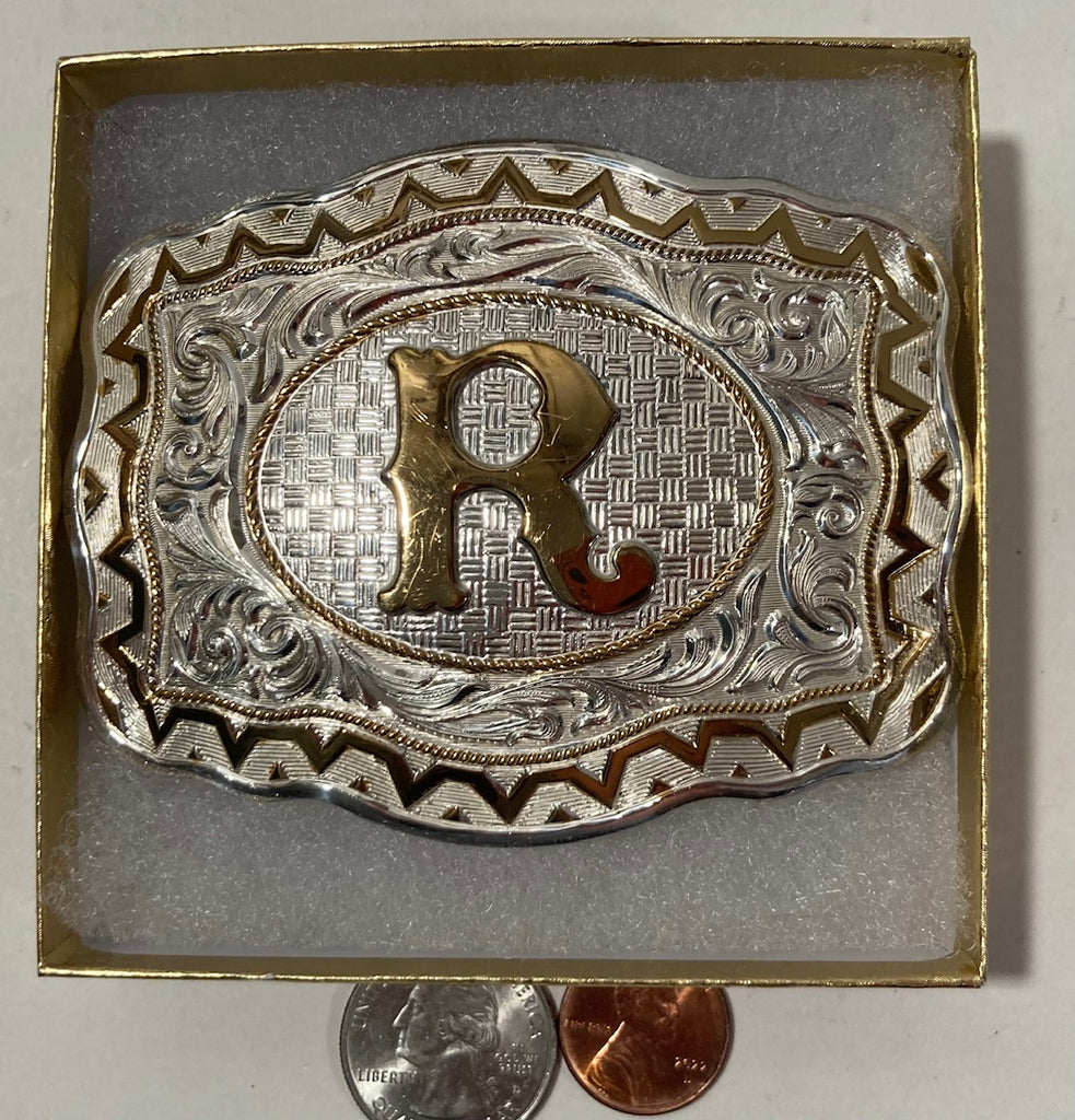 Vintage Metal Belt Buckle, Silver and Brass, Crumrine, Initial R, Letter R, Nice Western Style Design, 3 1/2" x 2 3/4", Heavy Duty, Quality, Made in USA, For Belts, Fashion, Shelf Display, Western Wear, Southwest, Country, Fun, Nice