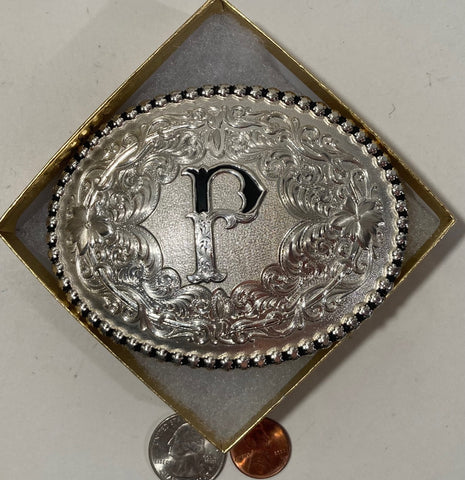 Vintage Metal Belt Buckle, Montana Silversmiths, Letter P, Initial P, Nice Western Style Design, 4" x 3", Heavy Duty, Quality, Made in USA, For Belts, Fashion, Shelf Display, Western Wear, Southwest, Country, Fun, Nice