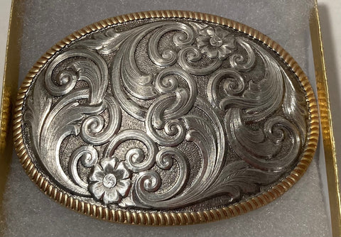 Vintage Metal Belt Buckle, Nice Sun Flowers, Montana Silversmith, Nice Western Design, 3 1/2" x 2 1/2", Heavy Duty, Quality, Thick Metal, Made in USA, For Belts, Fashion, Shelf Display, Western Wear, Southwest, Country, Fun, Nice