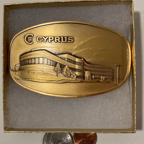 Vintage Metal Belt Buckle, Brass, Cyprus Coal Office Building, Energy, Nice Western Design, 3 1/2" x 2 1/4", Heavy Duty, Quality, Thick Metal, Made in USA, For Belts, Fashion, Shelf Display, Western Wear, Southwest, Country, Fun, Nice,