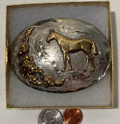 Vintage Metal Belt Buckle, Silver and Brass, Horse, Crown Silver, Handmade, Nice Western Style Design, 3 1/2" x 2 1/2", Heavy Duty, Quality, Made in USA, For Belts, Fashion, Shelf Display, Western Wear, Southwest, Country, Fun, Nice