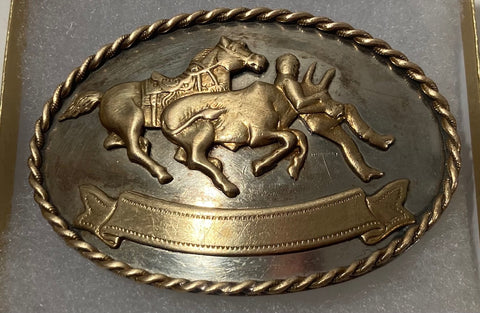 Vintage Metal Belt Buckle, Silver and Brass, Steer Wrestling, Cow Wrestling, Nice Western Design, 3 1/4" x 2 1/4, Heavy Duty, Made in USA, Quality, Thick Metal, For Belts, Fashion, Shelf Display, Western Wear, Southwest, Country, Fun, Nice