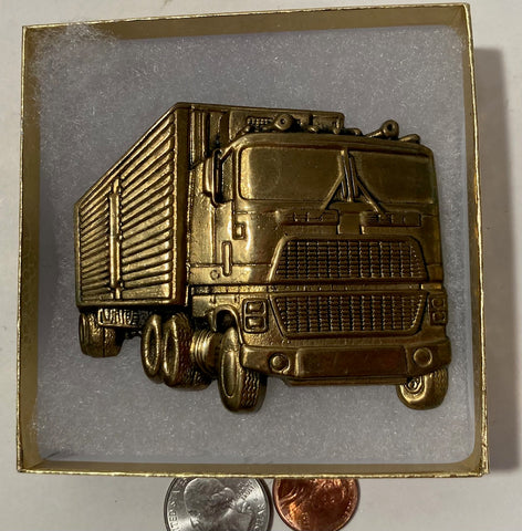 Vintage Metal Belt Buckle, Brass, Truck, Trucking, Semi, Big Rig, 18 Wheeler, Nice Western Design, 3" x 2 1/2", Heavy Duty, Quality, Thick Metal, For Belts, Fashion, Shelf Display, Western Wear, Cowboy, Rodeo, Southwest, Country, Fun, Nice