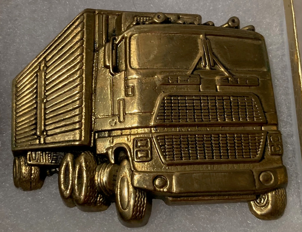 Vintage Metal Belt Buckle, Brass, Truck, Trucking, Semi, Big Rig, 18 Wheeler, Nice Western Design, 3" x 2 1/2", Heavy Duty, Quality, Thick Metal, For Belts, Fashion, Shelf Display, Western Wear, Cowboy, Rodeo, Southwest, Country, Fun, Nice