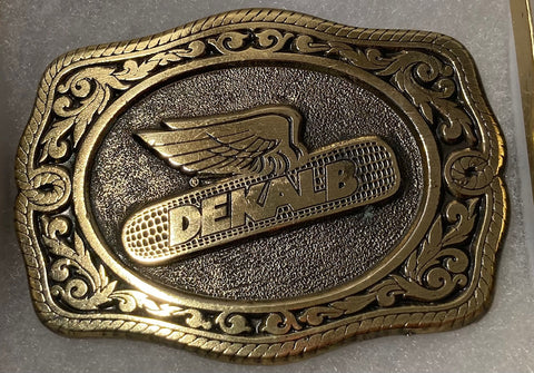 Vintage Metal Belt Buckle, Brass, Dekalb, AG, Corn, Genetics, Nice Western Design, 3 1/4" x 2 1/4", Heavy Duty, Quality, Thick Metal, Made in USA, For Belts, Fashion, Shelf Display, Western Wear, Cowboy, Rodeo, Southwest, Country, Fun, Nice