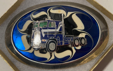 Vintage Metal Belt Buckle, Nice Blue Enamel, Truck, Trucking,