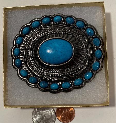 Vintage Metal Belt Buckle, Nice Blue Stones with Turquoise Center Stone Design,