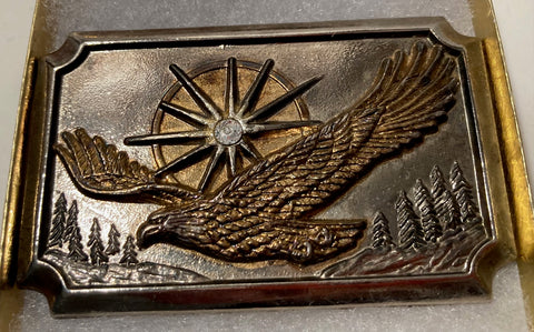 Vintage Metal Belt Buckle, American Bald Eagle, Sun, Pine Trees, Nice Western Design, 3 1/2" x 2 1/4", Heavy Duty, Quality, Thick Metal, Made in USA, For Belts, Fashion, Shelf Display, Western Wear, Cowboy, Rodeo, Southwest, Country, Fun, Nice