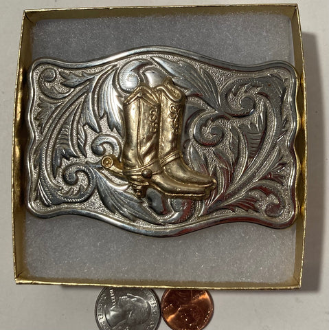 Vintage Metal Belt Buckle, Nice Brass Cowboy Boots, Nice Western Design, 3 3/4" x 2 1/2", Heavy Duty, Quality, Thick Metal, Made in USA, For Belts, Fashion, Shelf Display, Western Wear, Cowboy, Rodeo, Southwest, Country, Fun, Nice,