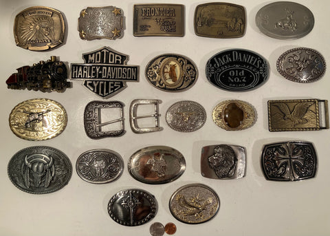 Vintage Lot of 23 Assorted Different Belt Buckles, Chief, Train, Whiskey, Harley Davidson, Bull, Country & Western, Western Wear, Resell, For Belts, Fashion, Fun, Shelf Display, Nice Belt Buckles, Wholesale