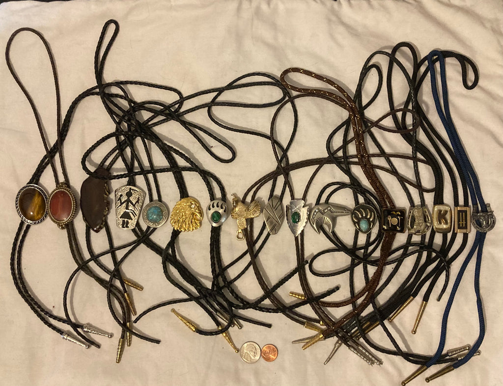 Vintage Lot of 17 Metal Bolo Ties, Nice Designs, Arrowhead, Bear Claws, Saddle, Turquoise